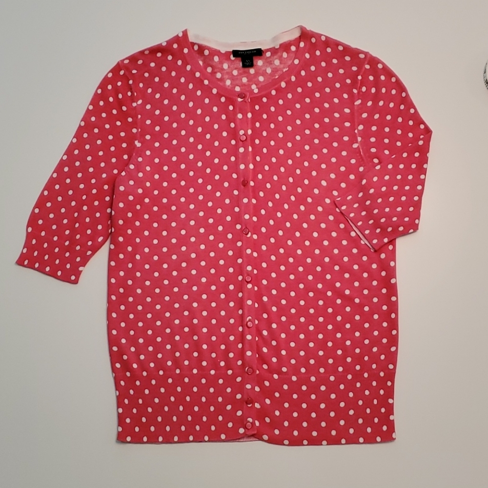 Ann Taylor Coral/White Short Sleeve Cardigan XS